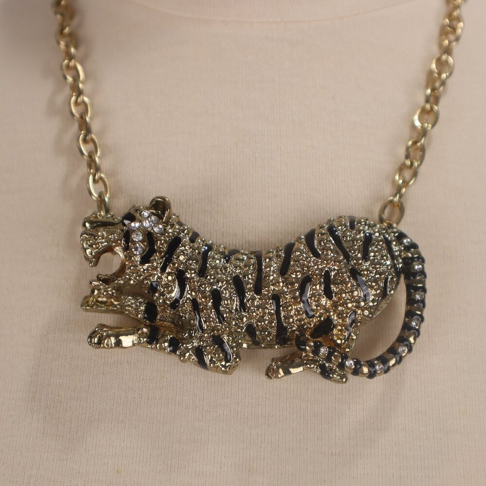 Vtg 80's Panther Leopard Cougar Tiger Gold Rhinestone Necklace Chain Bling Large